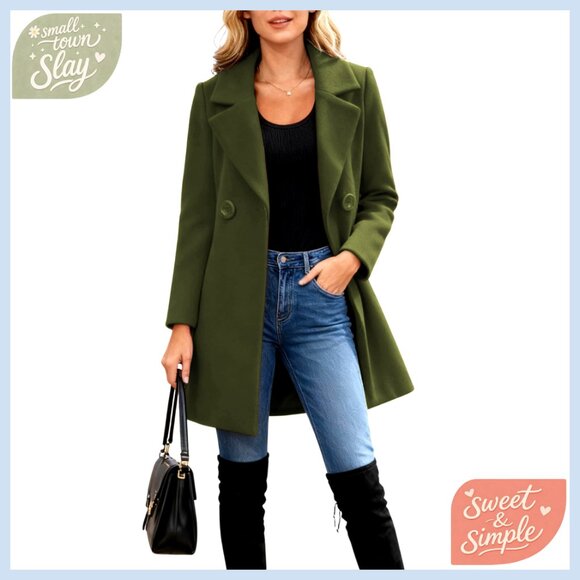Long Sleeve Slim Fit Wool Blend Pea Coat Overcoat Winter Warm